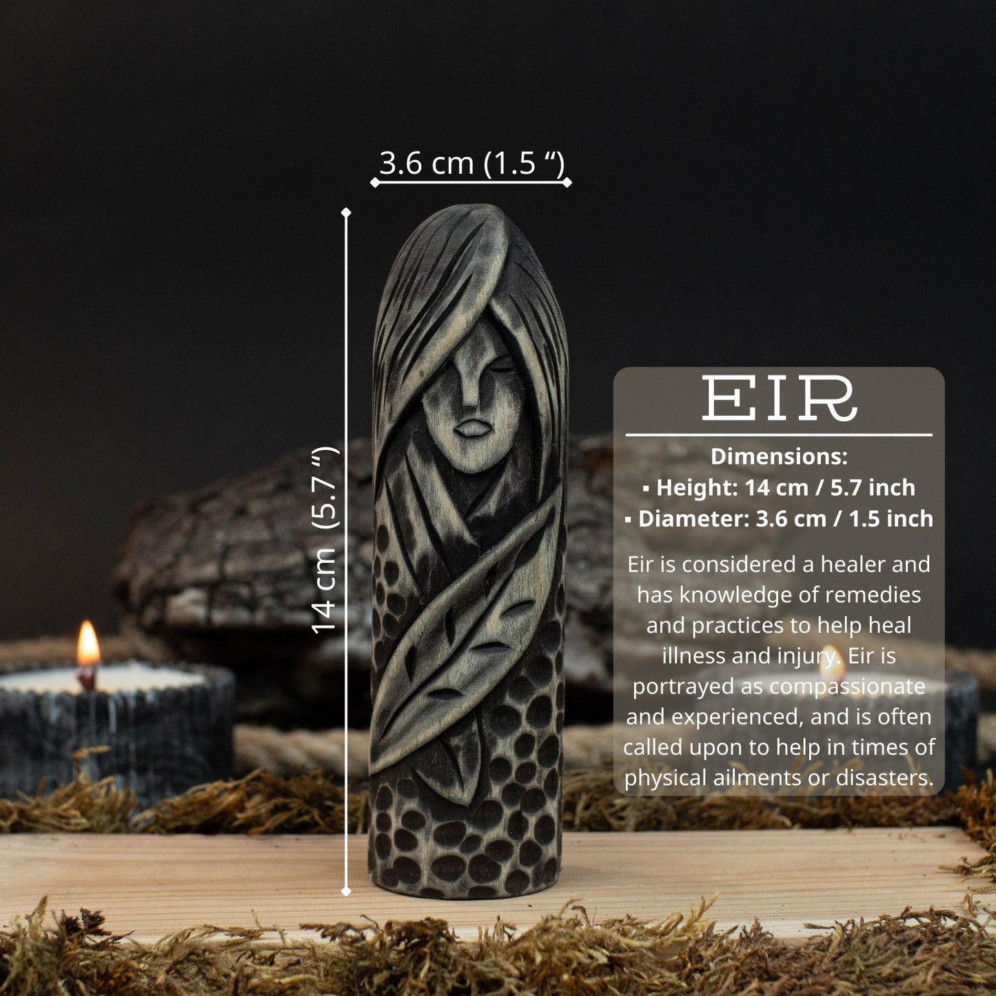 Hand-Carved Eir Figurine – 14 cm (5.7 inches) Wooden Norse Goddess of Healing Statue