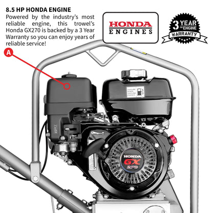 36" Honda Concrete Fast Pitch Power Trowel with 9HP Honda GX270 Finishing Blades Finishing Tool