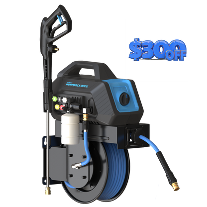 BluShield HumpBack 3000PSI All-in-One Pressure Washer System, Auto-Retractable Hose Reel, Industrial Pump, Accessories
