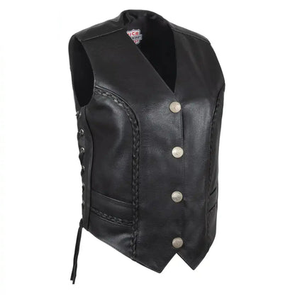 Legendary Vikla Chikla Women’s Leather Braided Motorcycle Vest w/Buffalo Nickel Snaps