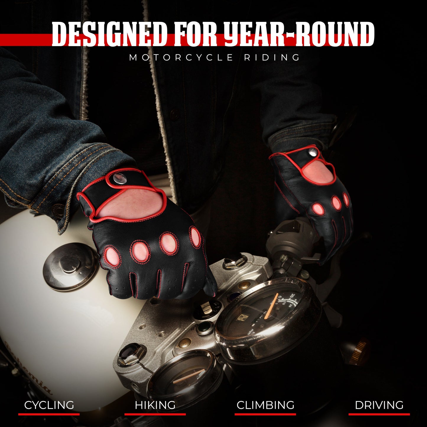 Leather Dark Knight Gloves - Full Finger Design (Red)