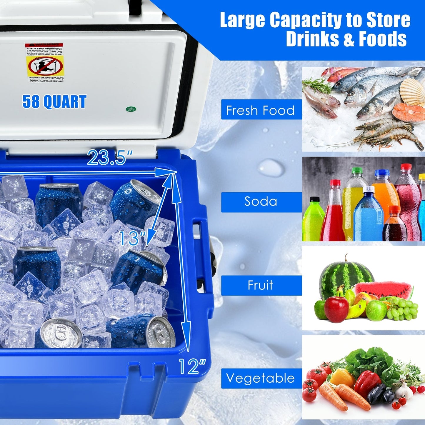 58 Quart Leak-Proof Portable Cooler Ice Box for Camping-Blue