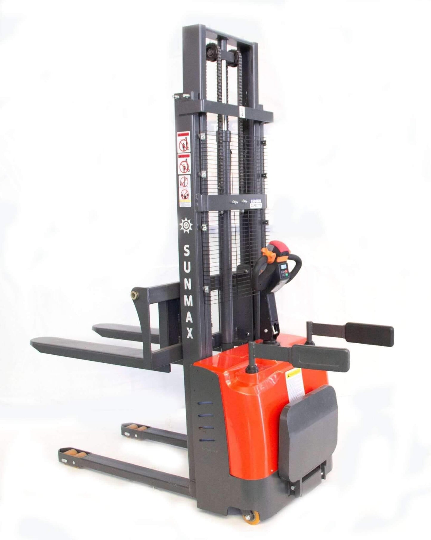 PS3300FE-3M Electric Pallet Stacker, 3300 lbs Capacity, 118″ Lifting Height, Work with Open-bottom Pallets