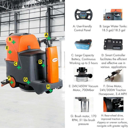 RT70 Ride-On Floor Scrubber, 22" Cleaning Path, 48,000 sq ft/hr, 18.5 gal Tanks – For Warehouses & Retail Stores