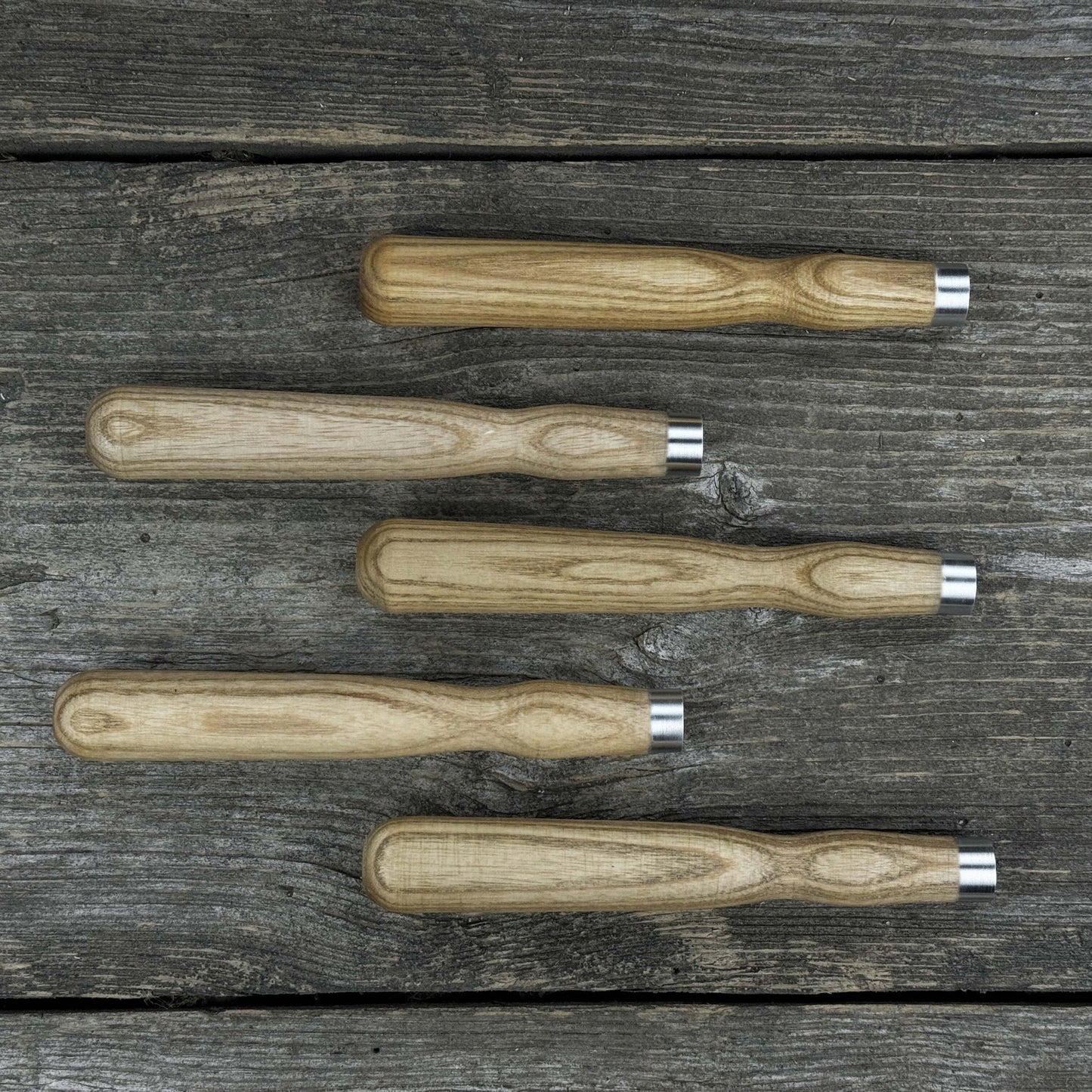 Set of 5 Ash Wood Handles for Chisels and Gouges with Aluminum Rings