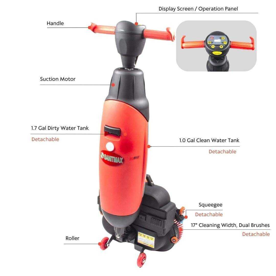 SM430 17" Walk-behind Automatic Floor Scrubber Machine, 360 Degree Rotating Head, 10000 sqft/h, Cordless Rechargeable Lithium Battery
