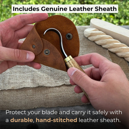 Spoon Carving Hook Knife with Leather Sheath, Blade 3.5 cm (1.38 inches)
