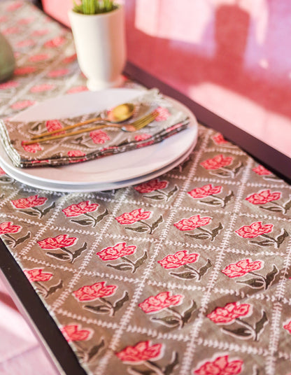 Noor - Pure Linen Handprinted Table Runner - Olive & Pink