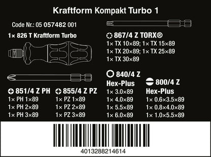 Wera 826 T Kraftform Kompakt Turbo 1 Screwdriver Set 19 Piece Metric 05057482001