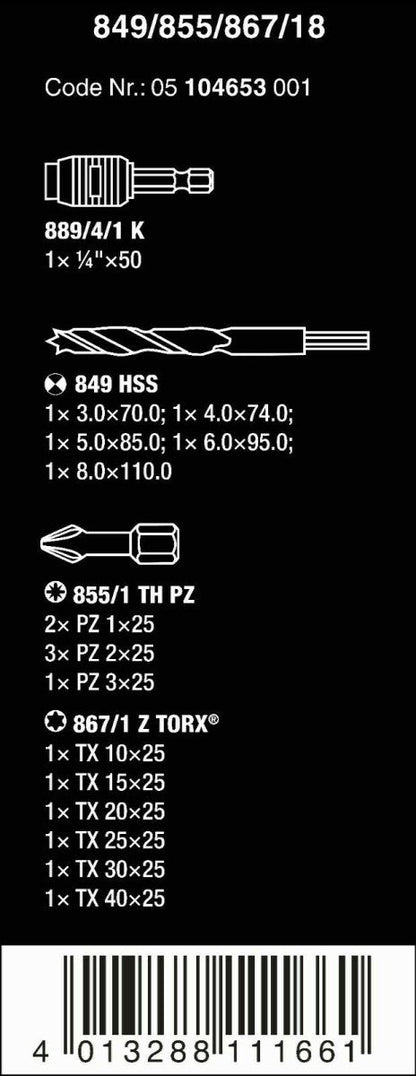 Wera 849/855/867/18 Wood Twist Drill Bit Set 18 Piece 05104653001