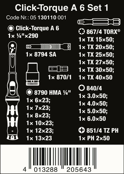 Wera A6 Click-Torque Wrench Set 2.5 to 25 Nm 1/4" Drive 20 Pieces 05130110001