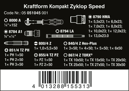 Wera Kraftform Kompakt Zyklop Speed Ratchet Set 1/4" Drive Metric 05051045001